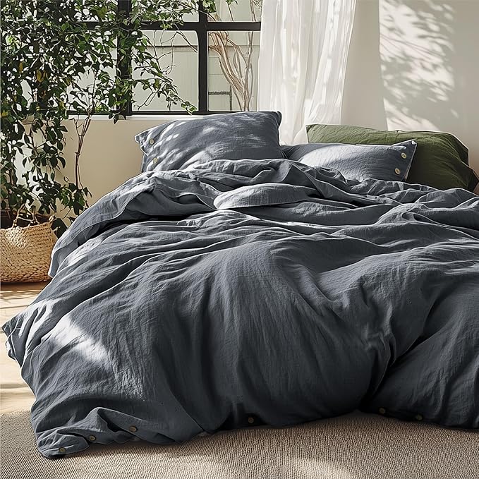 Bedsure Linen Duvet Cover King Size - Linen Cotton Blend Bedding Set, Soft & Cozy, 3 Pieces, 1 Duvet Cover 104x90 and 2 Pillowcases, Charcoal Grey Color Cooling Bedding, Comforter Sold Separately
