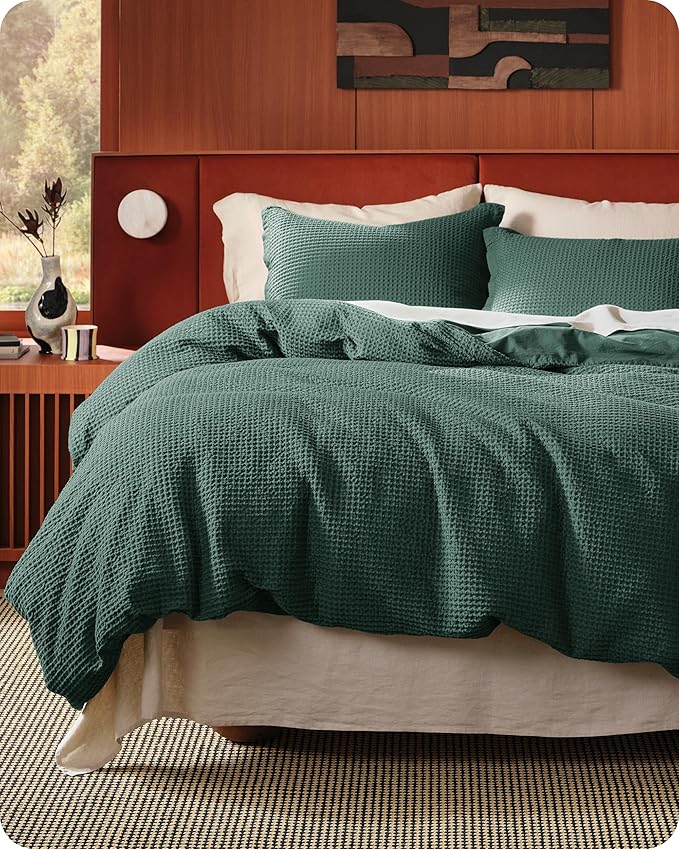 Bedsure Cotton Duvet Cover King - 100% Cotton Waffle Weave Forest Green Duvet Cover King Size, GentleSoft™ and Breathable Bedding Set for All Season, 3 Pieces, 104"x90"