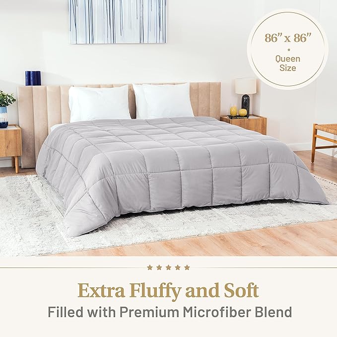 Lavish Comforts® Gray Comforter Queen – Fluffy Down Alternative Duvet Insert, Light Gray Comforter, All-Season Bedding, Hypoallergenic, Machine Washable, Queen Duvet Insert with Corner Loops