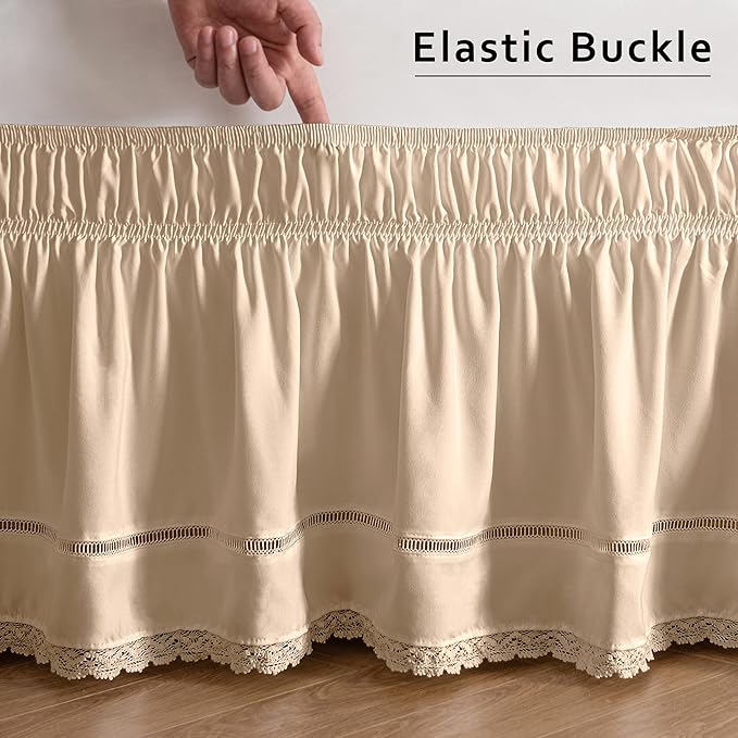 MIYE Wrap Around Ruffled Lace Bed Skirt, Elastic Dust Ruffle with Adjustable Belts, Easy to Put On, Bed Frame Cover, Machine Washable (Floral Lace/Beige, Full/Twin-18 Drop)