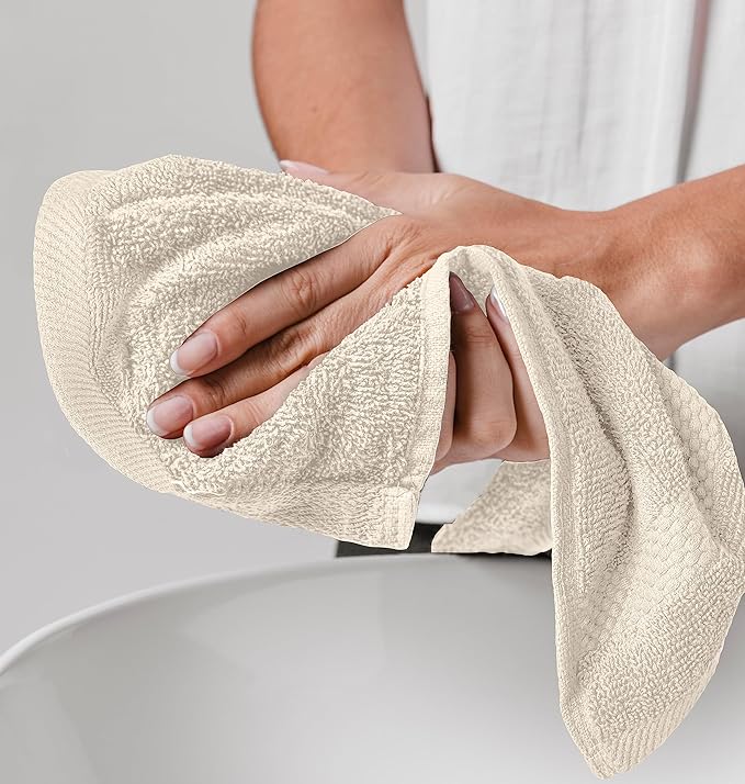 White Classic Luxury Cotton Washcloths 13x13 Inch - 650 GSM Turkish Cotton | Hotel, Spa, Bathroom Face Towel | 12 Pack, Ivory