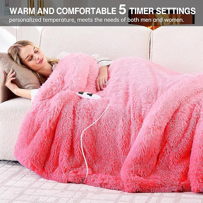 Heated Electric Blanket Twin,Warm Winter Birthday Gifts for Women Her Grandma–Faux Fur with Soft Sherpa,10 Heat Settings,5 Time Settings with Fast Heating, 62x84, Baby Pink