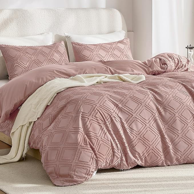JELLYMONI Duvet Cover Queen Size Smokey Pink - 3PCS Boho Duvet Cover Set Plaid Polyester Tufted Bohemian Jacquard Knit Textured Comforter Cover 90×90in Rhombic Geometric Pattern Zipper Corner Tie