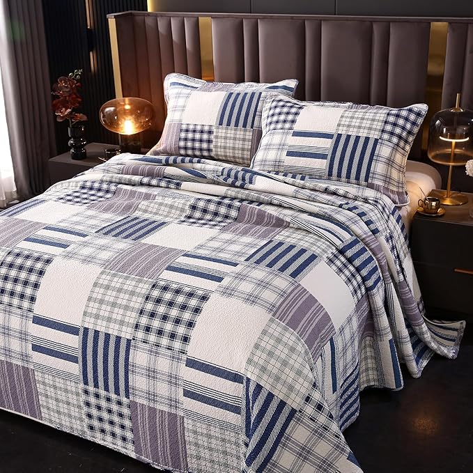 vctops Cotton Quilted Patchwork Quilt Set Queen Size Farmhouse Blue Plaid Bedspreads Coverlet 3 Pieces Summer Lightweight 1 Quilt and 2 Pillow Shams for All Season (Plaid B,Queen)
