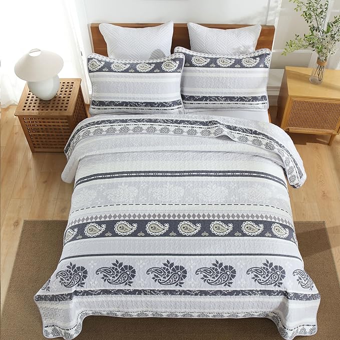 Quilt King Size,Cotton Bedding Set, Purple King Size Comforter, Luxury Striped Bed Set, Reversible Bedspread All Seasons,Lightweight Soft 3 Piece