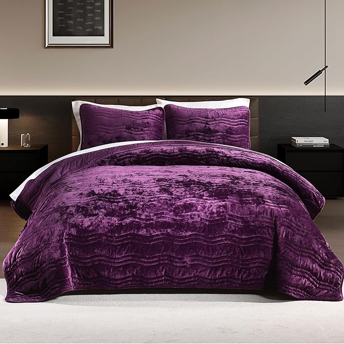 Velvet Quilt, Purple King Size Comforter Set, Luxury Bedding,Soft Plush King Bedspread, Machine Washable Coverlet,All-Season 3 Pieces