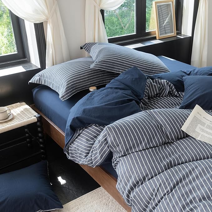 Reversible Duvet Cover Set 100% Washed Cotton Blue Stripe Linen Feel Duvet Cover King Size with Zipper Closure & 2 Pillow Shams,Navy/White Stripe Reverse Solid Navy