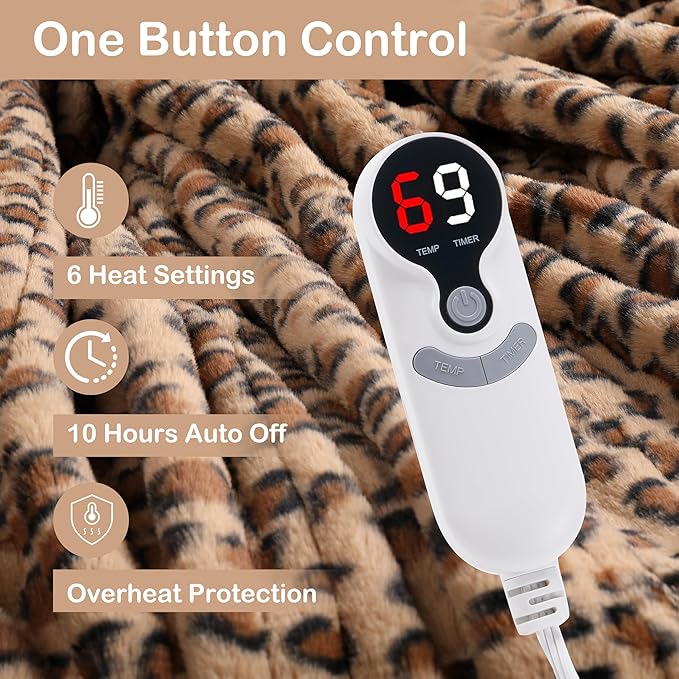 Electric Heated Blanket Twin Size 62”x84”,Soft with 6 Heating Settings 1-10 Hours Auto-Off, One Touch Operation, Machine Washable, Brown Leopard Print