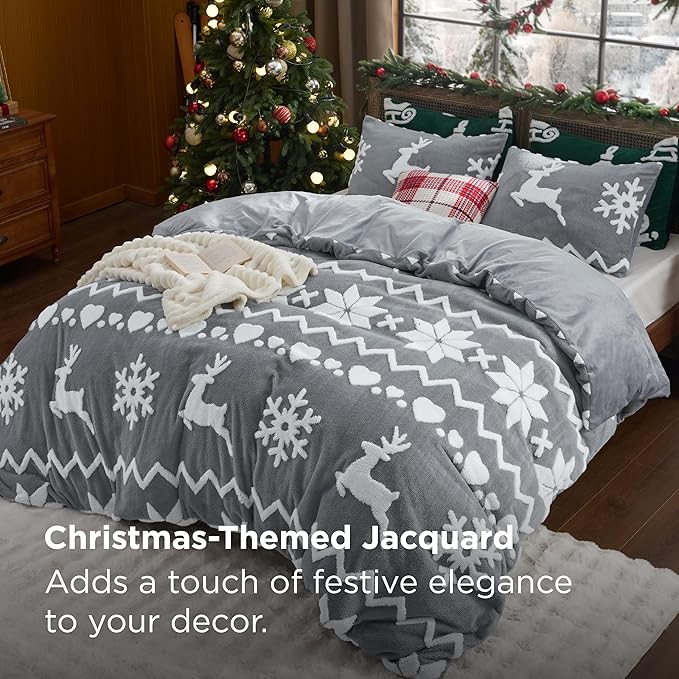 Bedsure Fluffy Christmas Duvet Cover Set - Ultra Soft Plush Shaggy Comforter Cover King Size, Warm Flannel Fleece Bed Sets for Winter, 3 Pieces, Reindeer Pattern, Grey