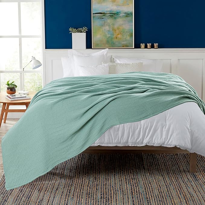 HILLFAIR 100% Soft Premium Combed Cotton Thermal King Blankets – Soft Cozy Warm Cotton Blanket– Bed Throw Blanket– King Bed Blankets– All Season Blanket– Sage