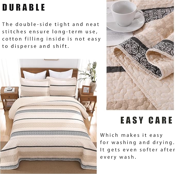 Homzard King Size Comforter Set, Cotton Quilt, Beige and Grey Bedding Set,Lightweight Striped Bedspread, Reversible Coverlet King Size (106"X98") with 2 Pillow Shams All Season