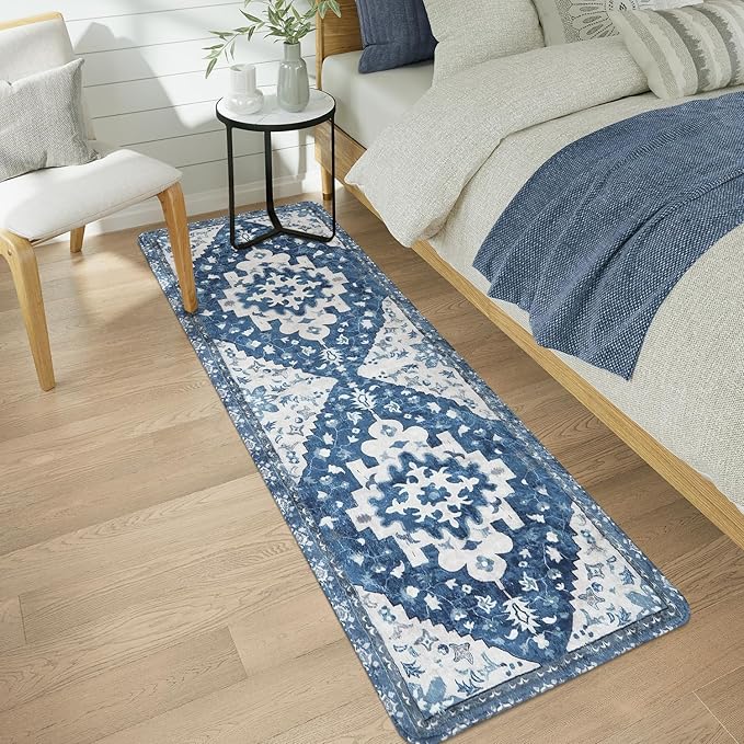 Uphome Boho Vintage Large Bathroom Rugs Blue Non-Slip Soft Hallway Runner Traditional Tribal Machine Washable Bedroom Rug Oriental Floral Aesthetic Floor Mat for Entryway Kitchen Laundry, 24x71 inch