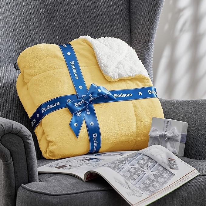 Bedsure GentleSoft Sherpa Fleece Throw Blanket Twin Size for Couch - Thick and Warm Throw for Women and Men, Soft Fuzzy Plush Twin Blanket for Winter, Yellow, 60x80 Inches