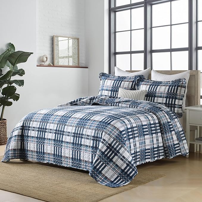 Quilt King Size, Cotton King Size Comforter Set, Blue White Striped Bedding Sets, Plaid King Bedspread,Striped Bed Set Lightweight Reversible All Season 3 Piece