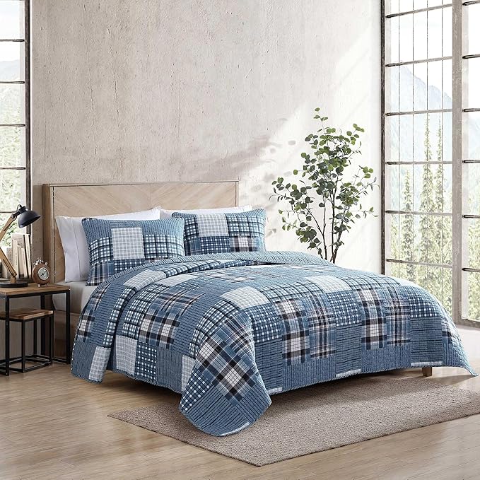 Eddie Bauer - King Quilt Set, Reversible Cotton Bedding with Matching Shams, Patchwork Plaid Bedding Set (Hawthorne Blue, King)