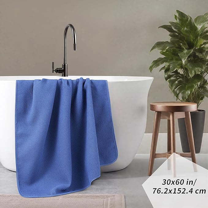 POLYTE Microfiber Oversize Quick Dry Lint Free Waffle Bath Towel for Body, 60 x 30 in, Set of 2