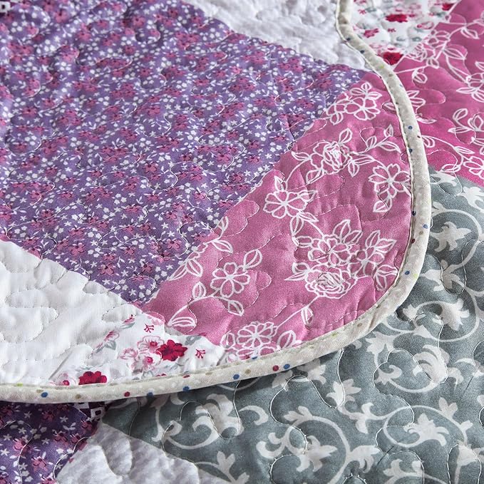 HoneiLife Quilt Set King Size - 3 Piece Microfiber Quilts Reversible Bedspreads Patchwork Coverlets Floral Bedding Set All Season Quilts-Little Rose,Purple
