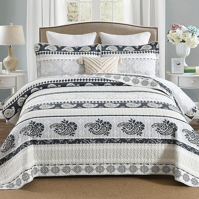Cotton Comforter Set, Blue Quilts Queen Size, Luxury Striped Bedding Queen Size,Lightweight Reversible Bedspread 3 Piece