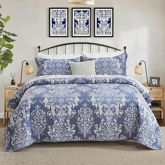 100% Cotton Quilt Set King Size - Damask Pattern Quilted Comforter, Vintage Reversible King Quilt Bedspread, Lightweight Bedding for King Bed, 3pcs, Blue