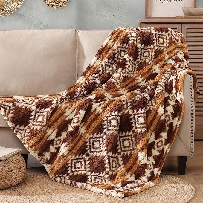 CASAAGUSTO Boho Sherpa Throw Blanket, Aztec, Ultra Soft, Warm, Cozy, Plush, Thick Fleece Bohemian Throw Blanket for Couch, Bed, Sofa (Terracotta 50 * 60 Inch)