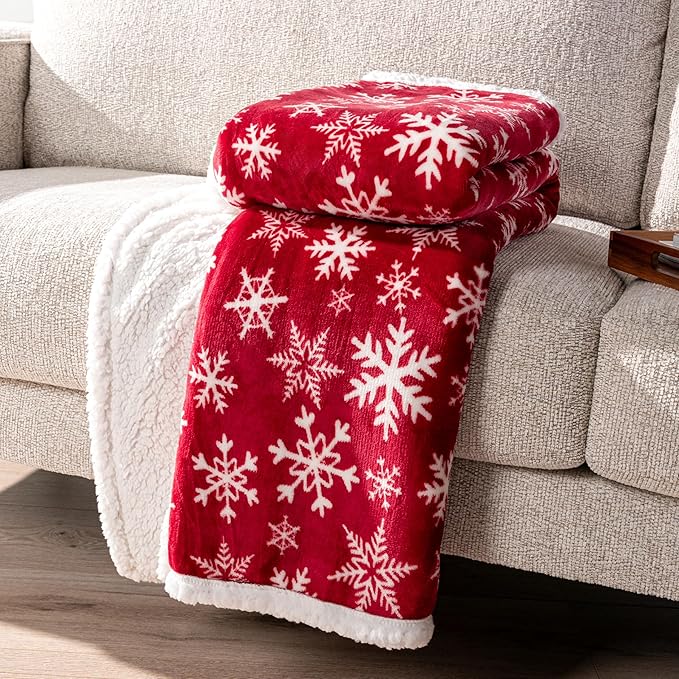 PAVILIA Premium Christmas Sherpa Throw Blanket | Red Snowflake Decoration, Fleece, Plush, Warm, Cozy Reversible Microfiber Holiday Blanket 60 x 80 Inches