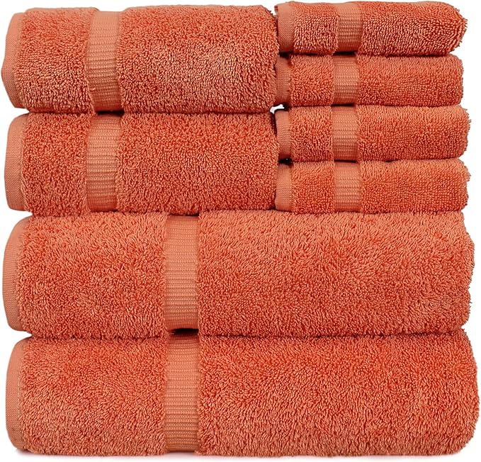 Luxury Hotel & Spa Quality, Highly Absorbent 100% Turkish Cotton, 750+ GSM, Eco Friendly Towel, Bathroom and Kitchen Dobby Border Towels, 2 Bath Towel, 2 Hand Towel, 4 Washcloths (8 Piece, Coral)