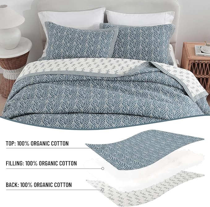 Quilt Set King Size - 100% Cotton Blue White Floral Bedspread Bedding Sets, Lightweight Reversible Botanical Pattern Coverlet with 2 Pillow Shams, 3-Piece All Season, 98x106