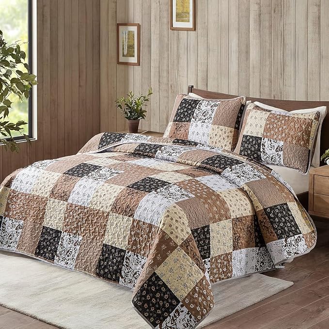 Mybedsoul Brown Quilt Set Twin Size, 2 Pieces Plaid Floral Bedspread Set Patchwork Reversible Bedding Set Microfiber Lightweight Bedspread Coverlet Set for All Season 68"x86"