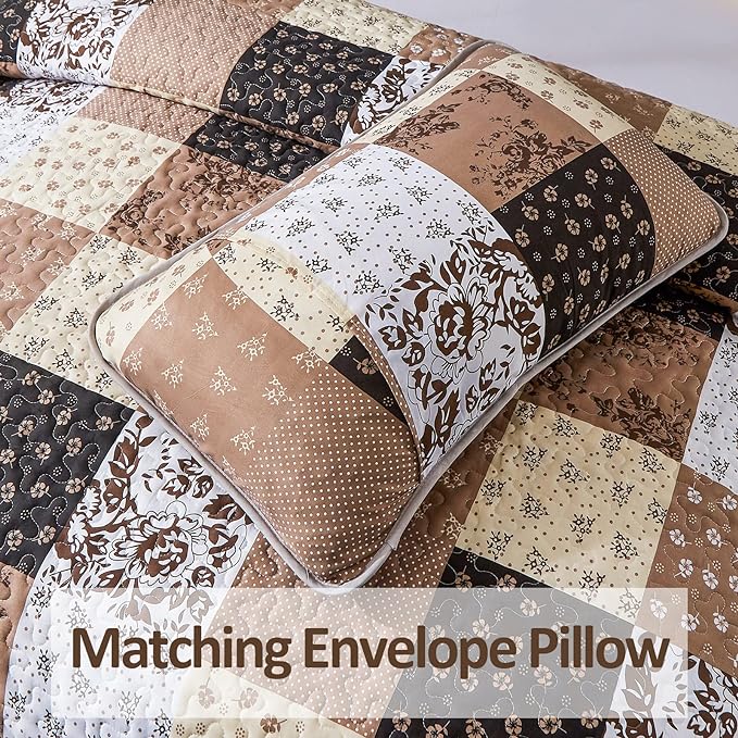 Mybedsoul Brown Patchwork Quilt Set California King Size,3 Pieces Khaki Floral Plaid Reversible Bedspread Coverlet Set for All Season,Summer Soft Microfiber Bedding Set 96"x 106"