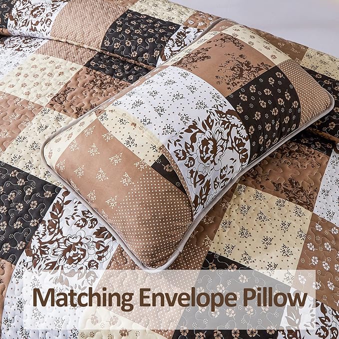 Mybedsoul Patchwork Quilt Set Queen Size,3 Pieces Brown Floral Plaid Patchwork Reversible Bedspread Coverlet Set for All Season,Summer Soft Microfiber Bedding Set Queen 90"x96"