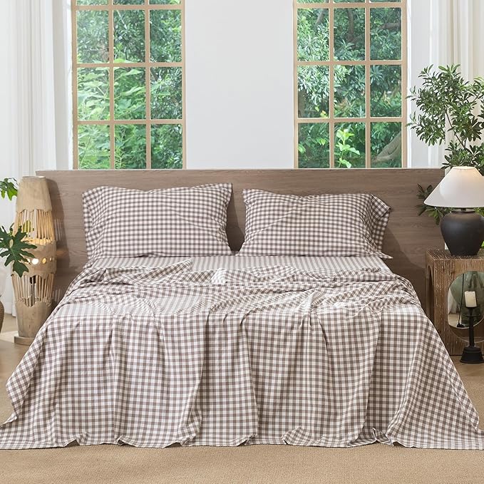 MooMee Gingham Sheet Set 100% Washed Cotton Linen Like Textured Breathable Soft w/Fully Elasticized 16-19" Deep Pocket (Classic Gingham Brown, King)