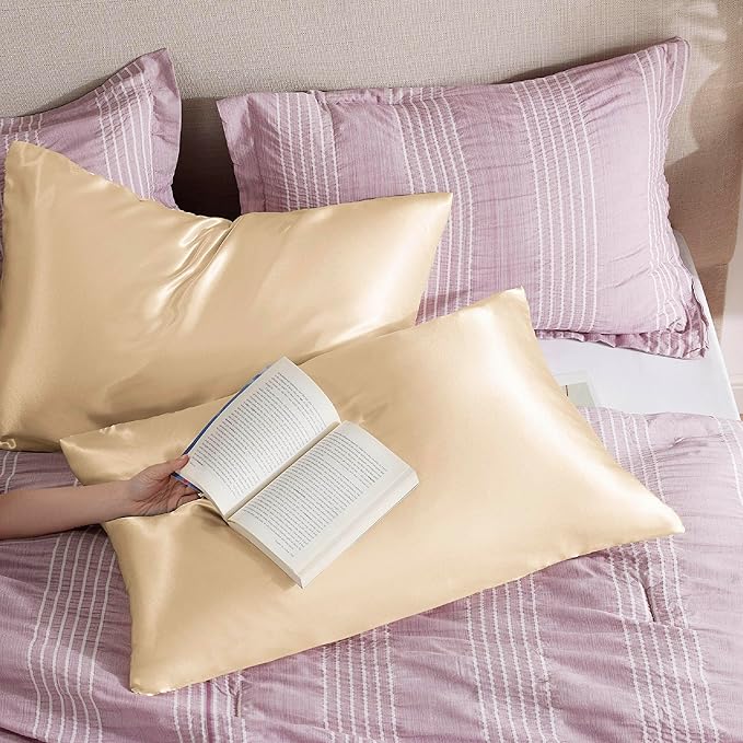 Bedsure Satin Pillowcase with Zipper, Similar to Silk Pillow Cases 2 Pack, Satin Pillow Cases Queen, Silky & Soft Bedding Pillow Covers for Hair and Skin, Gifts for Women Men, Champagne, 20x30 Inches