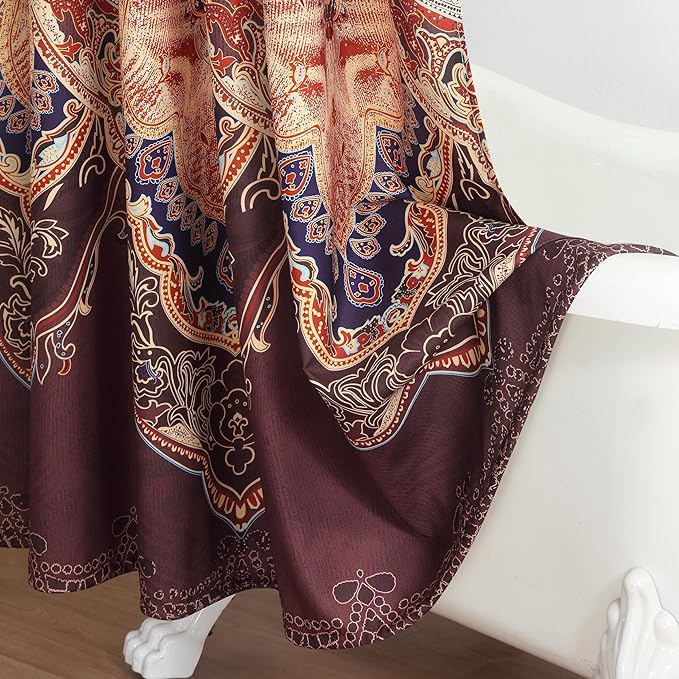 Extra Long Shower Curtain 72x90 Inches, Water Repellent Fabric with Gold and Brown Baroque Pattern, 12 Metal Grommets and Weighted Hem