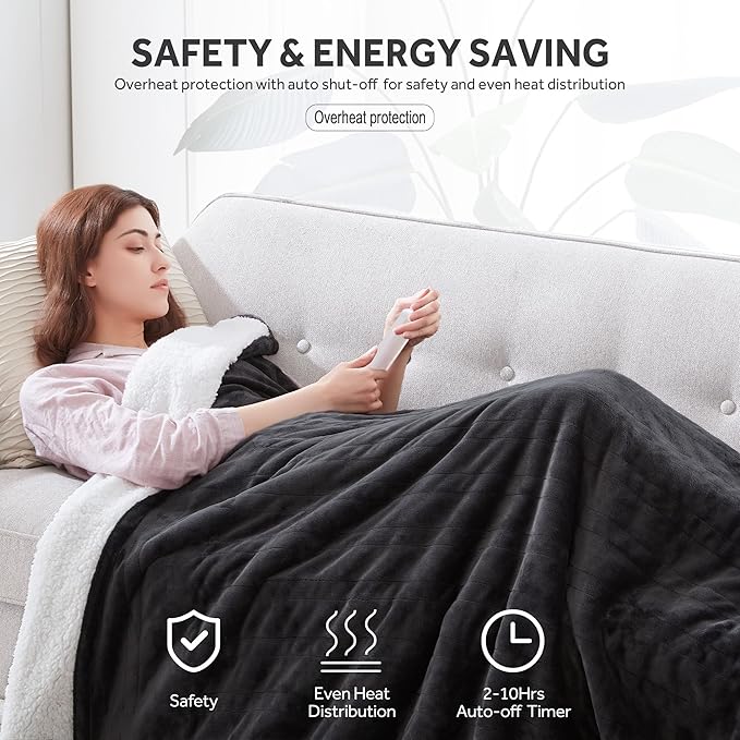 Heated Blanket Electric Blanket Queen Size Soft Flannel Sherpa, 6 Heat Levels Fast Heating, 2 to 10 Hours Auto-Off Detachable Controller Machine Washable, Grey 84"x90"