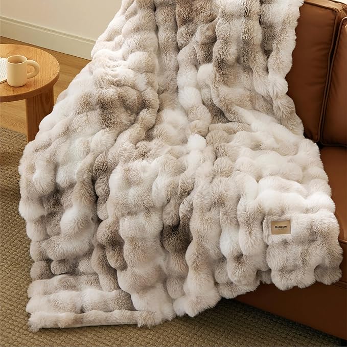 Bedsure GentleSoft Fluffy Faux Fur Throw Blanket, Fuzzy Soft Bubble Blanket for Couch, Faux Fur Decor for Home Bedroom Living Room, Thick Warm Furry Cozy Gifts for Women, Tie-dye Taupe, 50x60 Inch