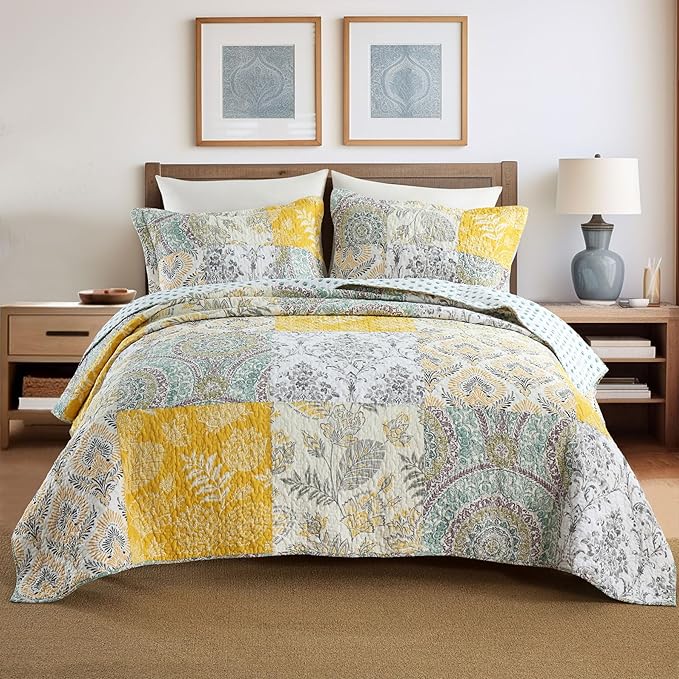 Secgo Queen Comforter Set for Bed - 100% Cotton Quilts Queen Size, Black Bedspreads (90 * 98 Inch) with 2 Pillow Shams, Patchwork Reversible Lightweight Bedding
