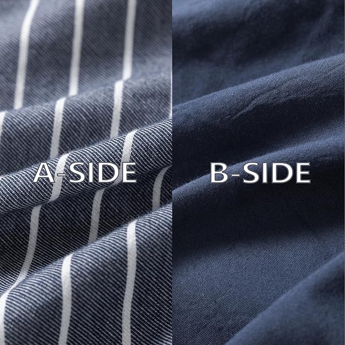 Reversible Duvet Cover Set 100% Washed Cotton Blue Stripe Linen Feel Duvet Cover King Size with Zipper Closure & 2 Pillow Shams,Navy/White Stripe Reverse Solid Navy