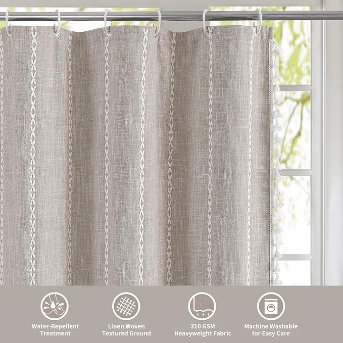 MitoVilla Boho Extra Long Shower Curtain 72 x 84, Tan 84 inch XL Polyester Linen Tassel Fabric Shower Curtain Set with Hooks for Vintage Country Farmhouse Bathroom Decor, Thick & Wrinkle Resistant