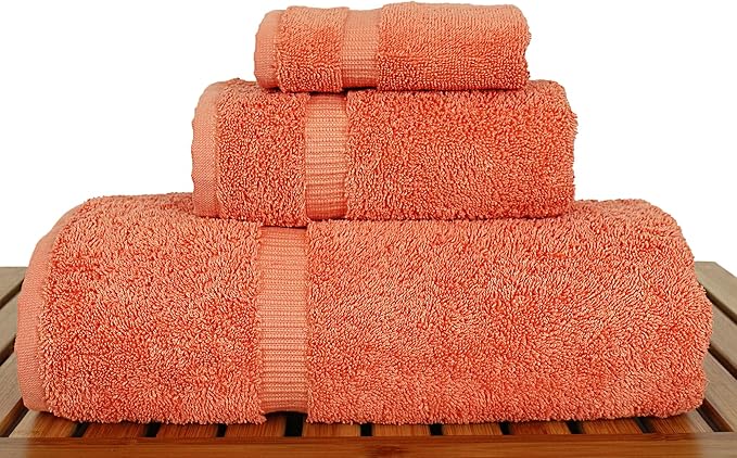 Luxury Hotel & Spa Quality Collection, Quick Dry 100% Turkish Cotton, 750+ GSM, Eco Friendly Towel Set, Bathroom and Kitchen Dobby Border Towels, Bath Towel, Hand Towel, Washcloths (3 Piece, Coral)