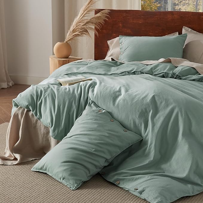 Bedsure Linen Duvet Cover Queen - Linen Cotton Blend Bedding Set, Soft & Cozy, 3 Pieces, 1 Duvet Cover 90x90 Inches and 2 Pillowcases, Sage Green Color Cooling Bedding, Comforter Sold Separately