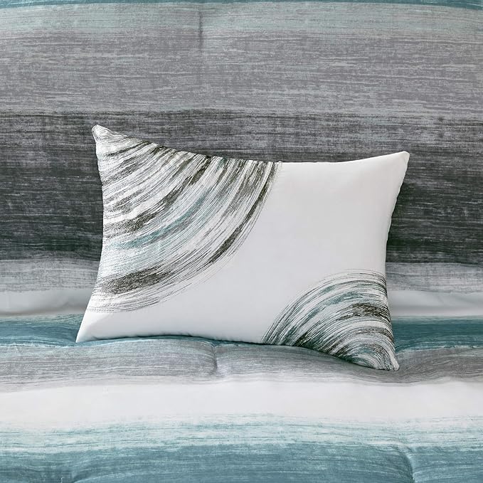 Madison Park Essentials Full Comforter Set, Bed in a Bag Full, Watercolor Print Coastal Comforter & Chambray Cotton Sheet Set, All Season Bedding Set, Saben, Aqua Full (78 in x 86 in) 9 Piece