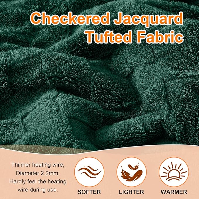 Electric Heated Throw Blanket - Jacquard Checkered Sherpa 50"x60" Fast Heating Bed Blankets with 6 Heating Levels & 4 Hours Auto Off, Over-Heat Protection ETL, Dark Green
