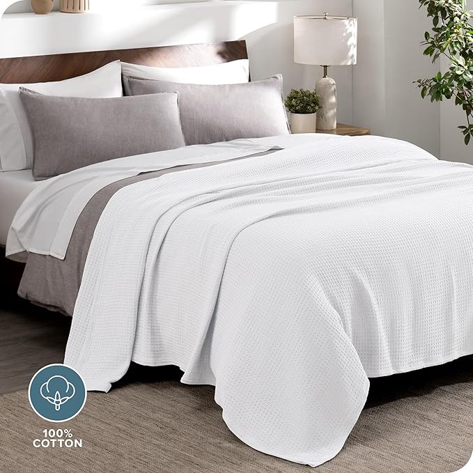 Bare Home White Waffle Blanket, Throw Size 44Wx66L, 100% Cotton, Soft & Breathable for All Seasons, Lightweight, Perfect for Layering Bed, Sofa & Couch (Throw/Travel, White)