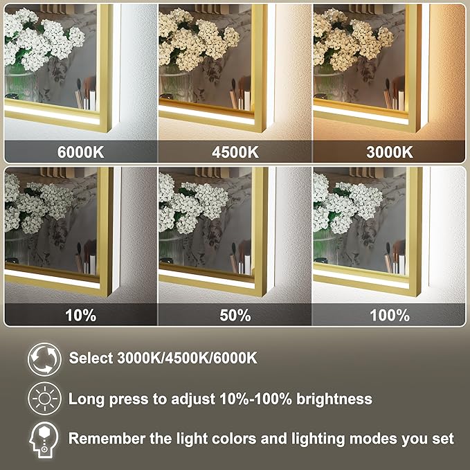 40x30 Inch Gold LED Bathroom Mirror with Front and Back Lights, Adjustable 3000K/4500K/6000K, Framed Lighted Bathroom Vanity Mirror, Dimmable, Anti-Fog, Horizontal/Vertical