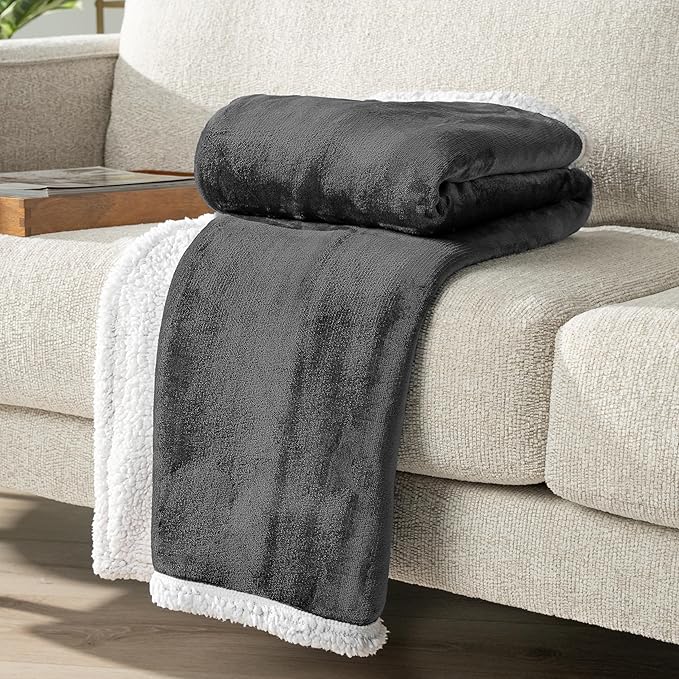 PAVILIA Sherpa Fleece Throw Blanket for Couch, Twin Size, Dark Grey, Plush Soft Fuzzy Sofa Blanket, Cozy Reversible Winter Throw for Women Men, 60x80 Inches