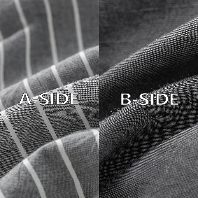 Reversible Duvet Cover Set 100% Washed Cotton Dark Grey Pinstripe Linen Feel Duvet Cover King Size with Zipper Closure & 2 Pillow Shams,Dark Grey/White Pinstripe Reverse Solid Dark Grey