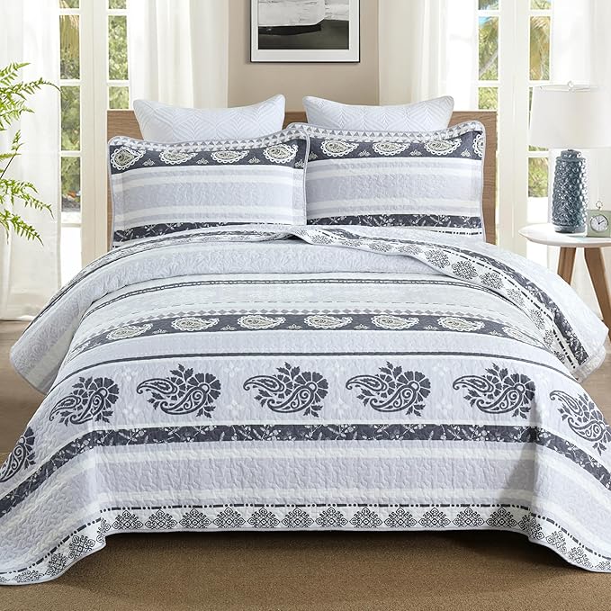 Quilts Queen Size, Cotton Bed Set, Luxury Purple Comforter Set, Reversible Striped Bedding Queen Size, Reversible Lightweight Bedspread All Season 3 Piece