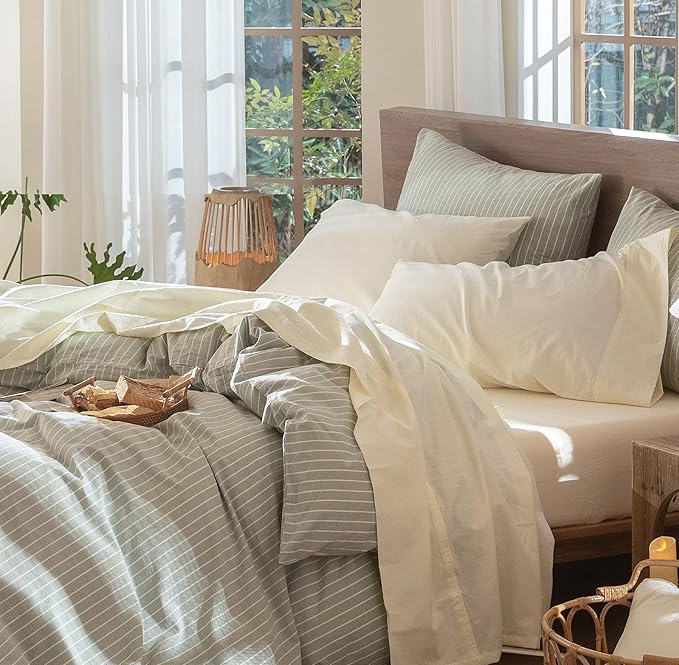 MooMee Bedding Sheet Set 100% Washed Cotton Linen Like Textured Breathable Durable Soft Comfy (Solid Cream White, California King)