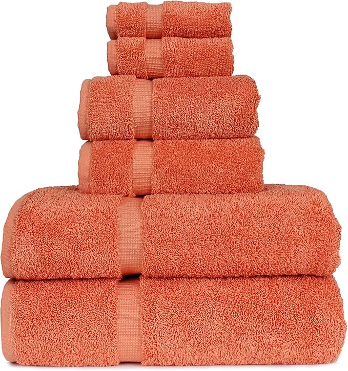 Luxury Hotel & Spa Quality Collection, Highly Absorbent & Quick Dry 100% Turkish Cotton, 750+ GSM, Eco Friendly Towel, Dobby Border Towels, 2 Bath Towel, 2 Hand Towel, 2 Washcloths (6 Piece, Coral)