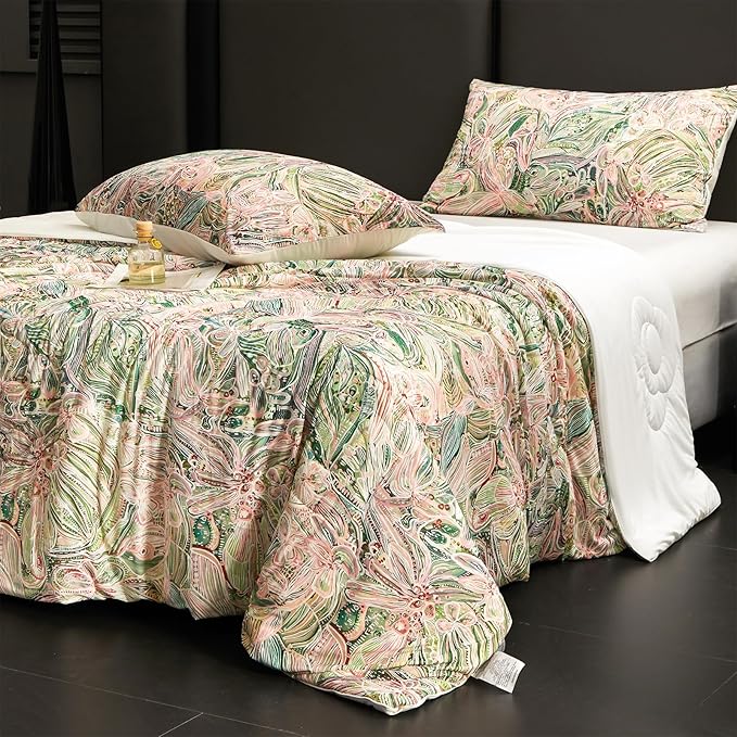 Cyusri Floral Print Cooling Comforter Set 2Pcs Breathable Cool Twin Size Bedding Set with 1 Pillowcase Green Pink Flowers Pattern Silky Cold Quilt, 68"x90"